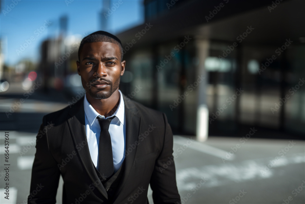 Handsome young, Black Businessman, Mid 30s , with Elegant and Light Beard, Exuding Power, Intelligence, and Determination in His Tailored Suit and Tie