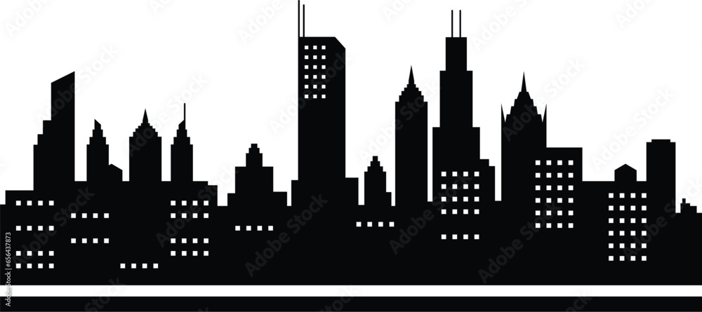 Cityscape silhouette vector illustration. Night town skyline or black city buildings isolated on white background