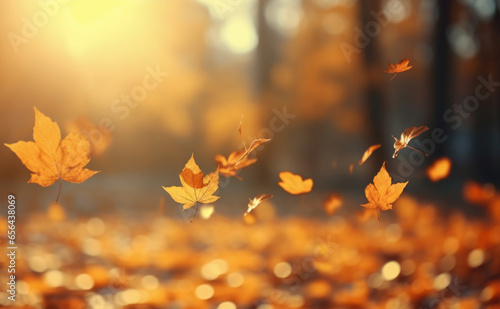 autumn season atmosphere picture of colorful falling leaves with golden light of sunrays. 