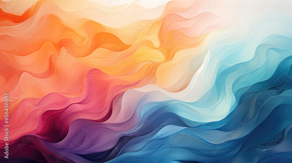 Colorful wave-like pattern, abstract background. Predominantly blue, pink, orange, purple colors. Smooth, fluid blend. Soft, dreamy feel. Digitally generated.