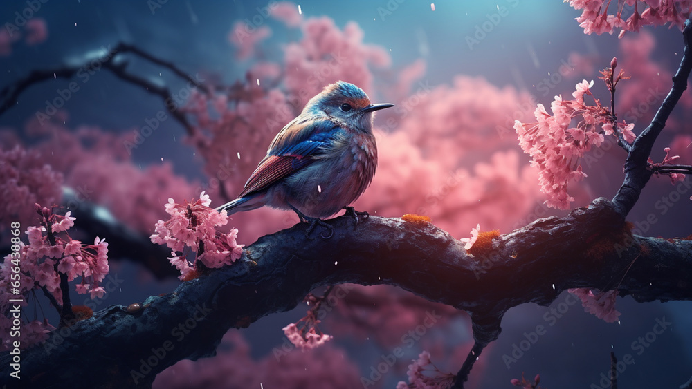 A pretty bird sitting on a cherry blossom tree under soft moonlight - obrazy, fototapety, plakaty 