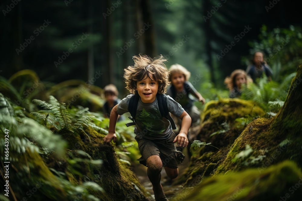 Enfants courant dans la foret comme des aventurier au milieu de la jungle Enfants courant dans la foret comme des aventurier au milieu de la jungle