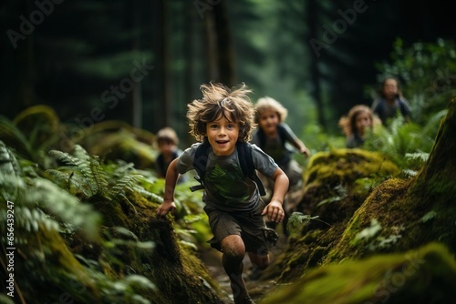 Enfants courant dans la foret comme des aventurier au milieu de la jungle