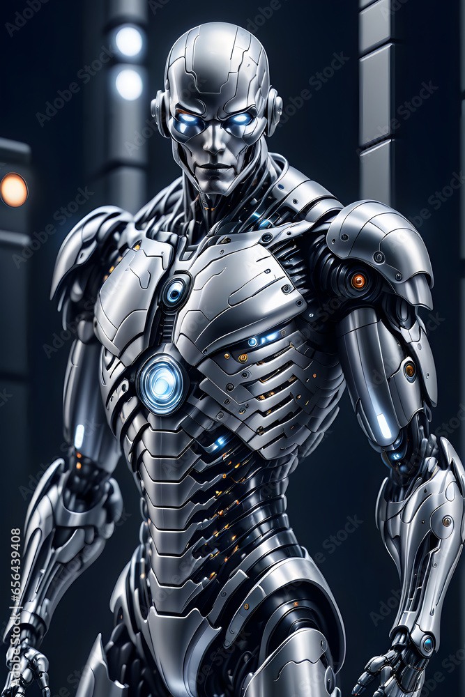 A silver ironic cyborg with blazing eyes standing in a dark spaceship hallway.