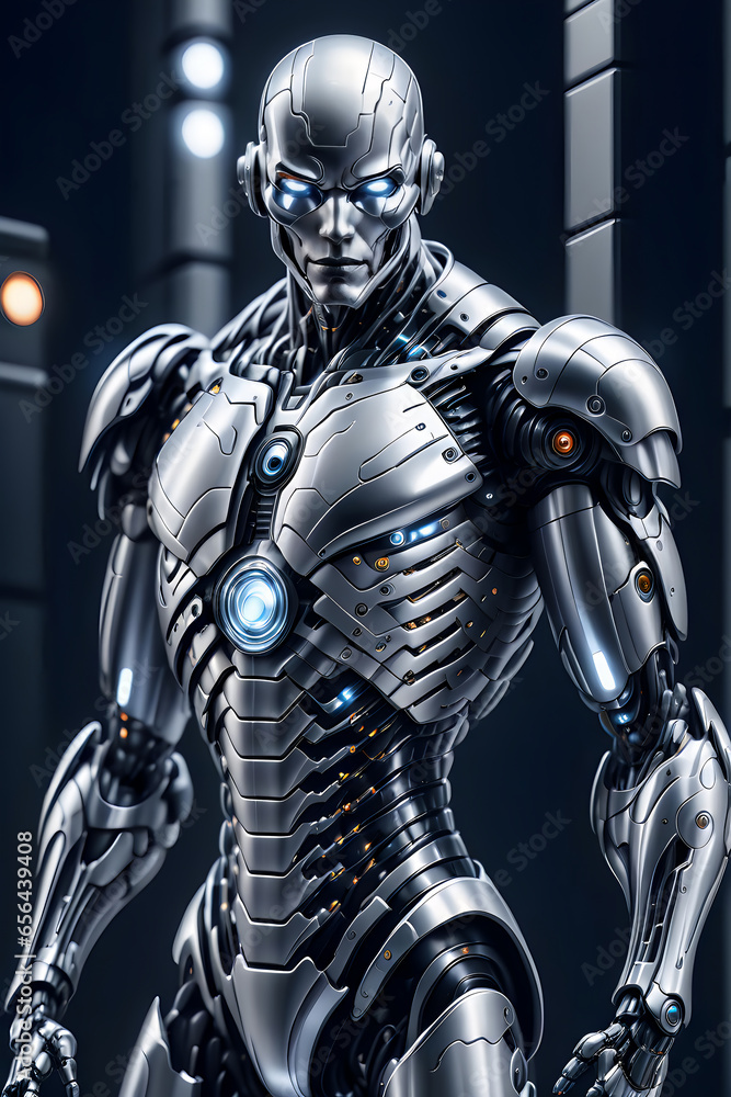 Naklejka premium A silver ironic cyborg with blazing eyes standing in a dark spaceship hallway.