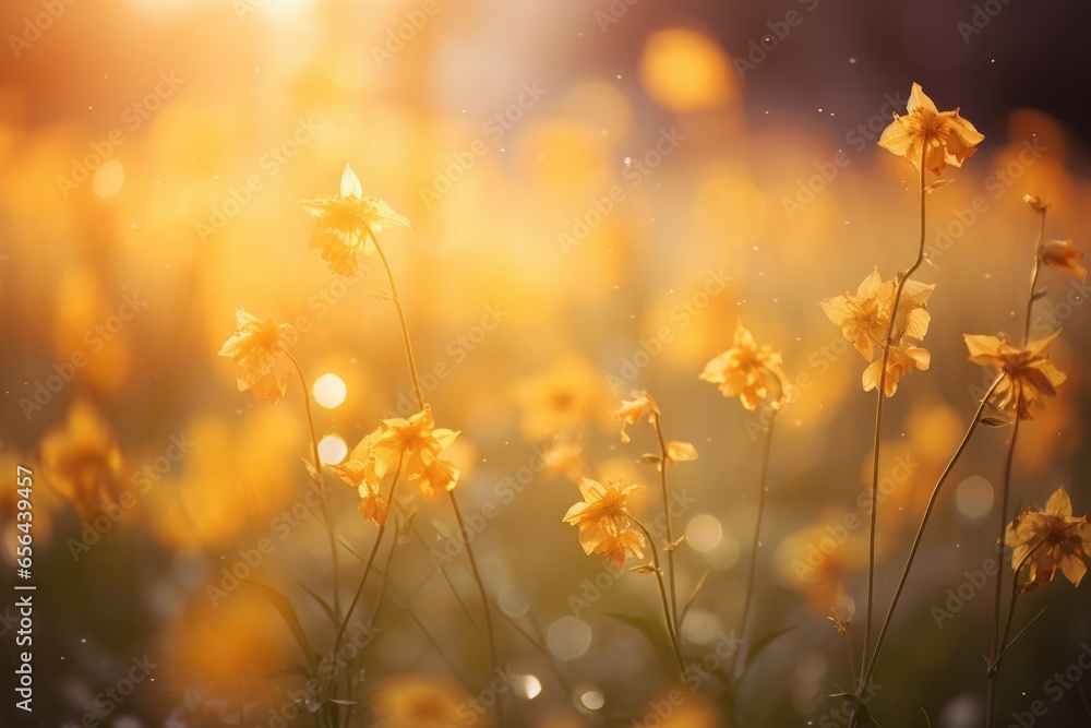 Beautiful meadow with wild flowers over sunset sky. Beauty nature field background with sun flare. Bokeh, silhouettes of wild grass and flower. Sunny summer or autumn nature backdrop