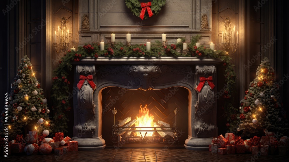 fireplace with Christmas decorations, Generative Ai fireplace with Christmas decorations, Generative Ai