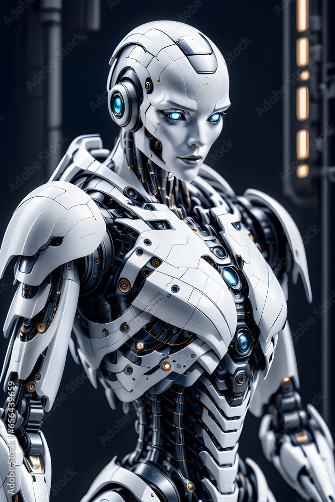 3d rendering of a cool white female cyborg standing in a dark spaceship hallway.