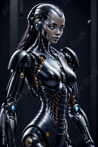 A black female cyborg with shiny eyes standing in a dark spaceship hallway.