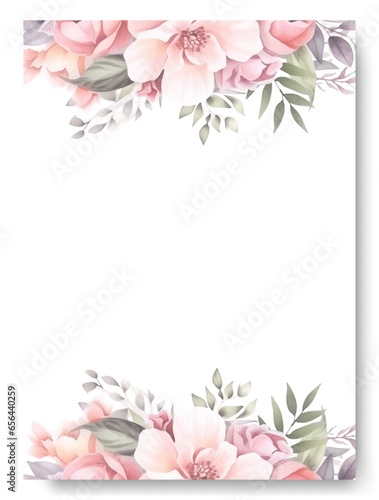 Wedding invitation template with watercolor nude rose flower frame background. Border wedding template garden theme.