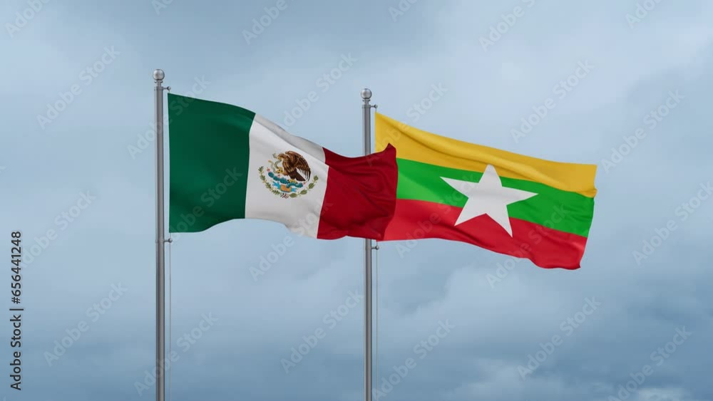 Myanmar aka Burma flag and Mexico flag waving together on cloudy sky, endless seamless loop, two country relations concept Myanmar aka Burma flag and Mexico flag waving together on cloudy sky, endless seamless loop, two country relations concept