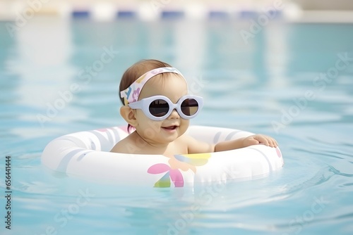 Cute funny toddler girl in sunglasses relaxing on inflatable toy ring floating in swimming pool
