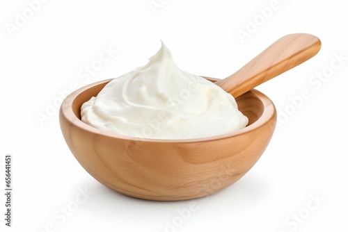 Creamy Sour Cream in Wooden Set Isolated on White Background. Generative ai