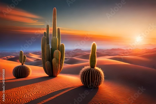 psychedelic and surreal scenery with cactus in the desert, created with genera