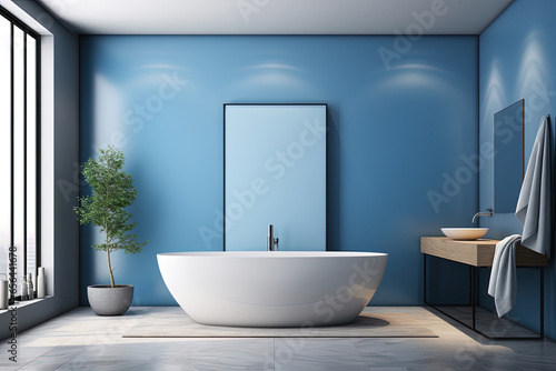 Interior of modern bathroom with blue walls  tiled floor  comfortable white bathtub standing near round mirror and vertical mock up poster