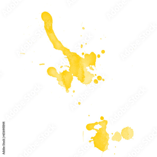 Yellow liquid splashes, swirl and waves with scatter drops. Royalty high-quality free stock of paint, oil or ink splashing dynamic motion, design elements for advertising isolated on white background