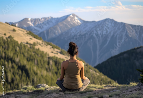 Young woman doing yoga outdoor. Background of beautiful mountains