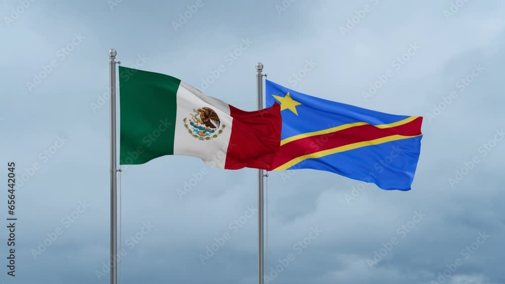 Democratic Republic of the Congo flag and Mexico flag waving together on cloudy sky, endless seamless loop, two country relations concept Democratic Republic of the Congo flag and Mexico flag waving together on cloudy sky, endless seamless loop, two country relations concept