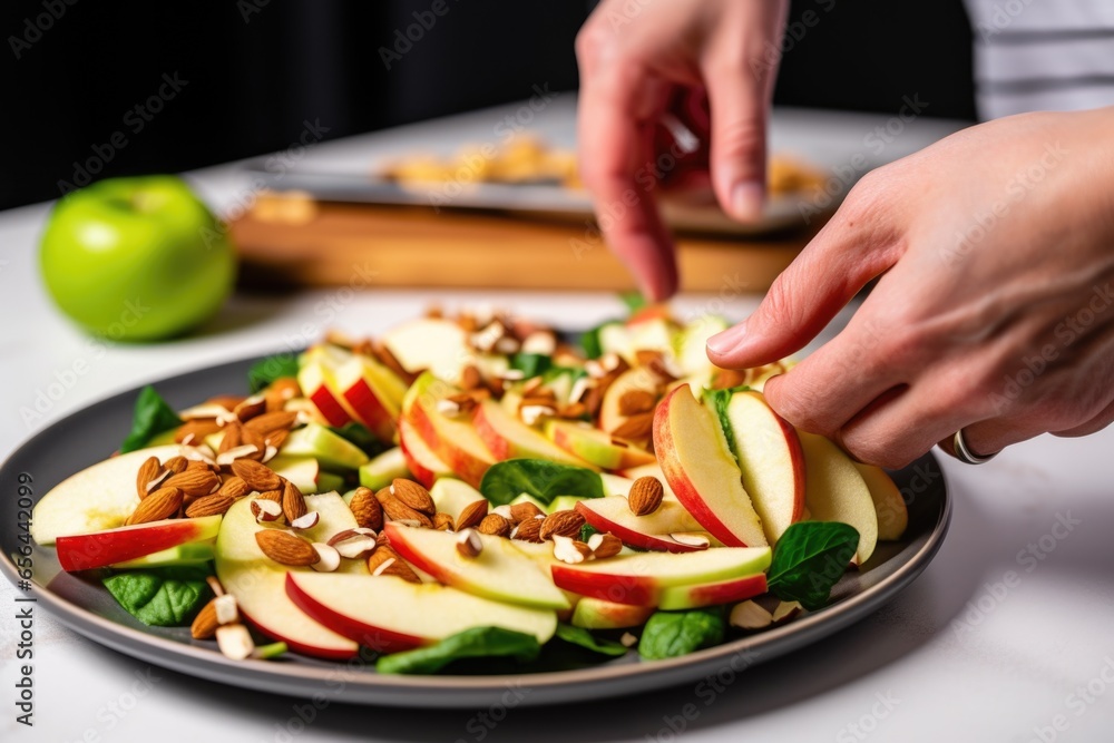 hand arranging apple and almond salad on a plate