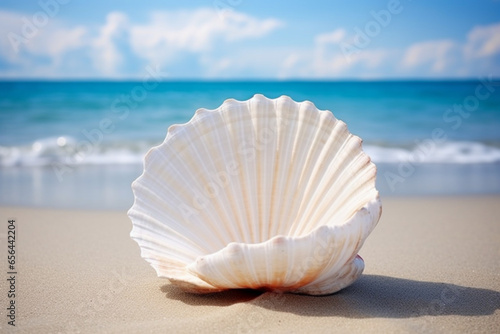 Shell  sunny day on the beach  cocha in the area  with sea views  peace and tranquility concept  AI generated