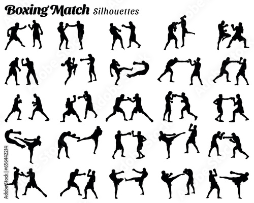 Boxing match silhouettes vector illustration set