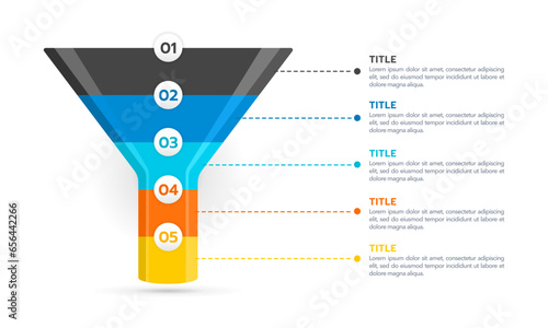 Sales funnel filter infographic 5 steps to success. Vector illustration.