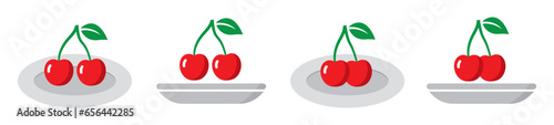 Cherry fruits on plate set icon, vector illustration