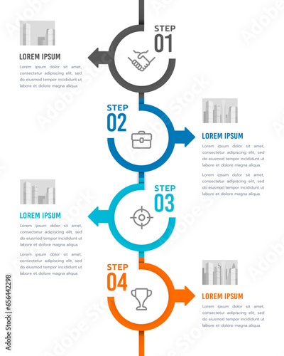 Infographics timeline 4 steps to success. Workflow layouts, diagrams, number options, and web design. Vector illustration.