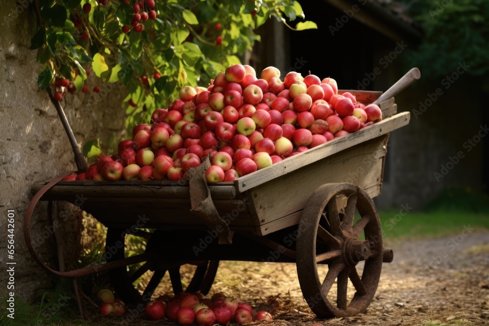 wheelbarrow filled with freshly picked apples