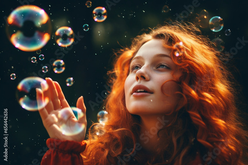 Red-haired woman between soap bubbles, fun, nature, spectacle, aesthetic, AI generated