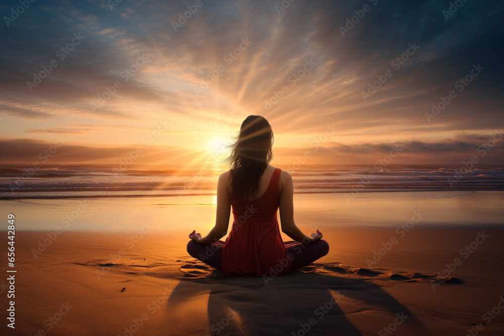 Yoga relax and chill on the beach, ocean view at sunset, lifestyle AI generated