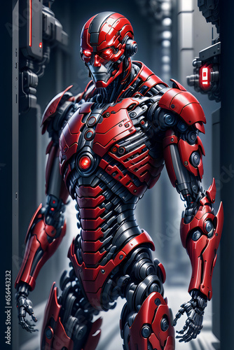 A red cyborg with bright glowing red eyes standing in a dark spaceship hallway.