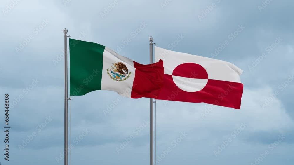 Greenland flag and Mexico flag waving together on cloudy sky, endless seamless loop, two country relations concept Greenland flag and Mexico flag waving together on cloudy sky, endless seamless loop, two country relations concept