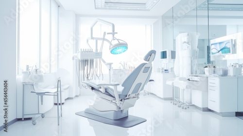 A modern dental chair in a well-lit clinic room with reflective mirrors