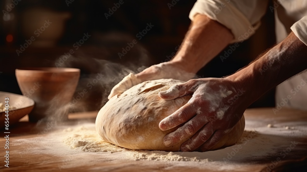 A person kneading dough on a wooden table