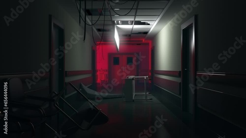 Abandoned psychiatric ward, menacing atmosphere, Halloween horror with lurking shadows. photo