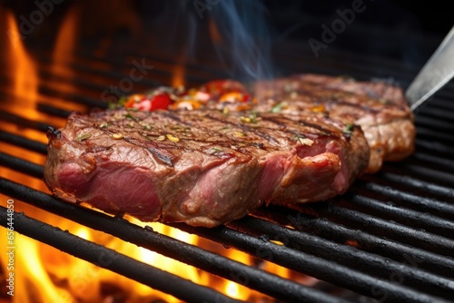 close up of turning a beef steak on a hot grill