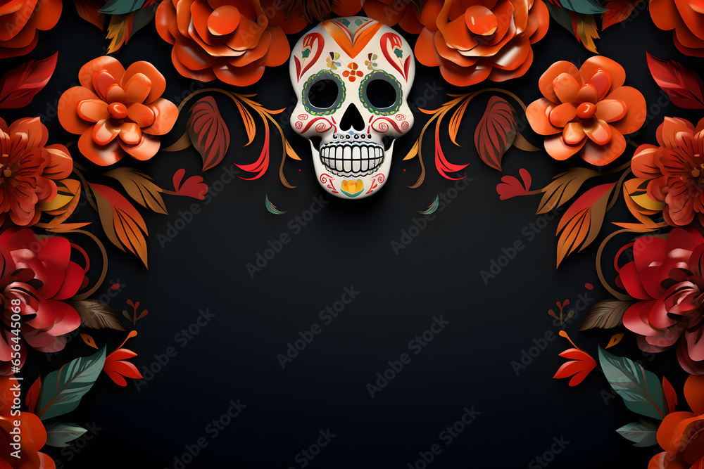 Day of the dead ornamental frame with Sugar skull and flowers 3D template design on black background - obrazy, fototapety, plakaty 