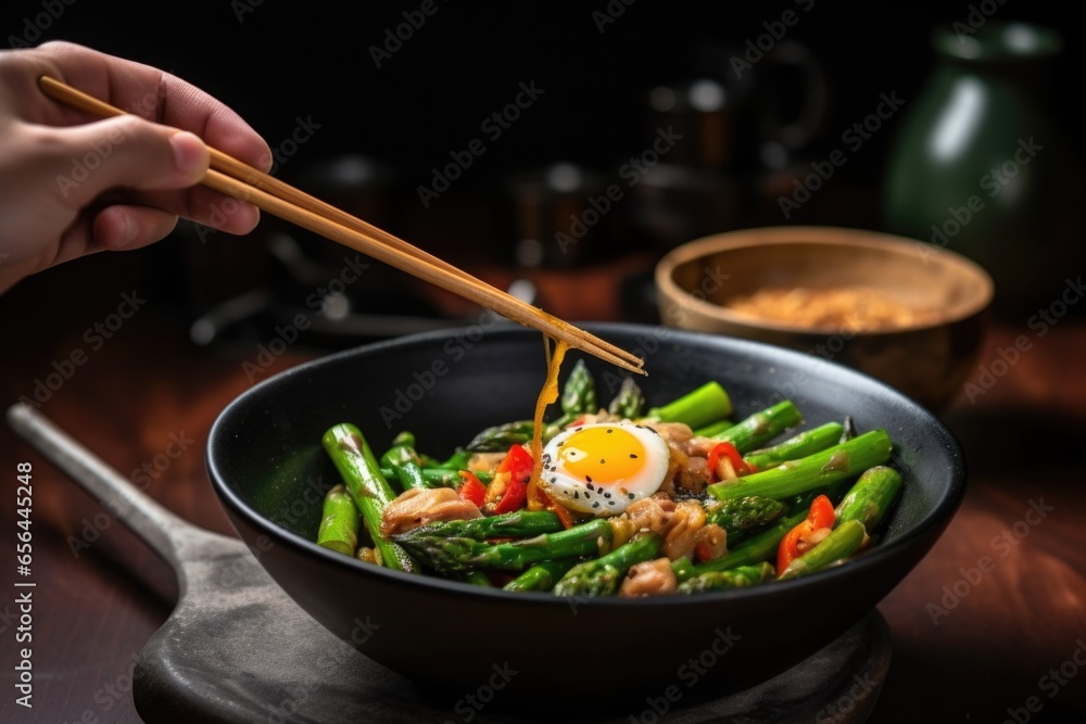 hand trying an asparagus spear from a stir-fry dish with quail eggs hand trying an asparagus spear from a stir-fry dish with quail eggs