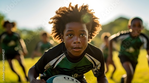 black kid playing rugby very focus and serious photo