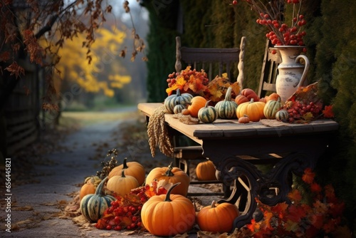 an outdoor table set with gourds and autumn leaves