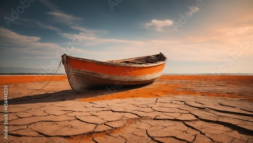 cracked landscape with boat . result of global warming and climate change . environment theme photo