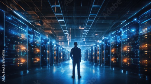 Data center with multiple rows of fully operational server racks room with engineer checking, AI generative