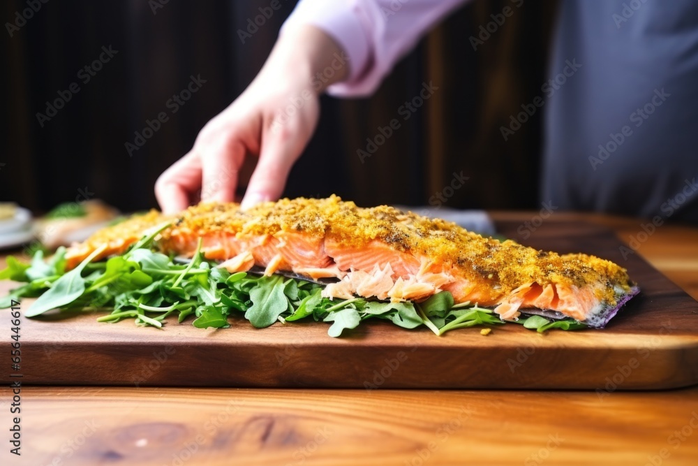 hand placing crispy skin baked salmon on a wooden board