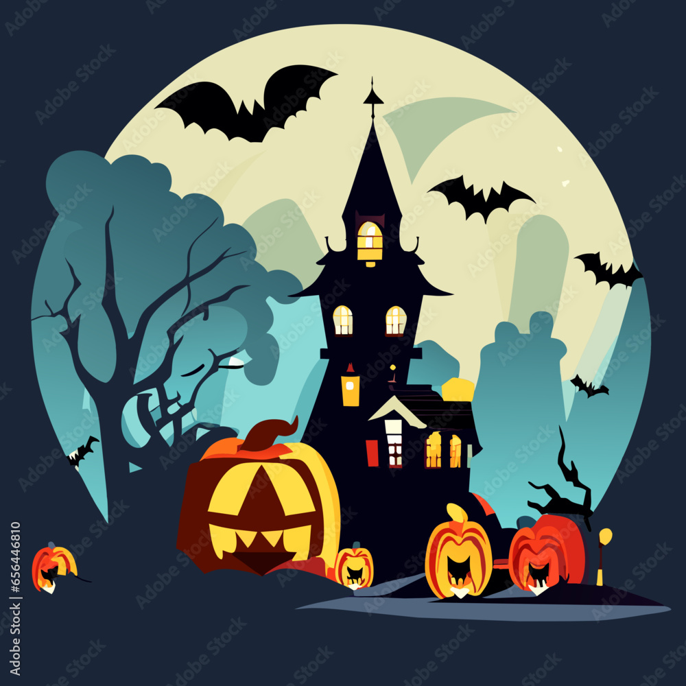 Halloween festival with haunted houses or Dracula's castle, and pumpkins associated with the Halloween festival displayed in front of the castle. Vector