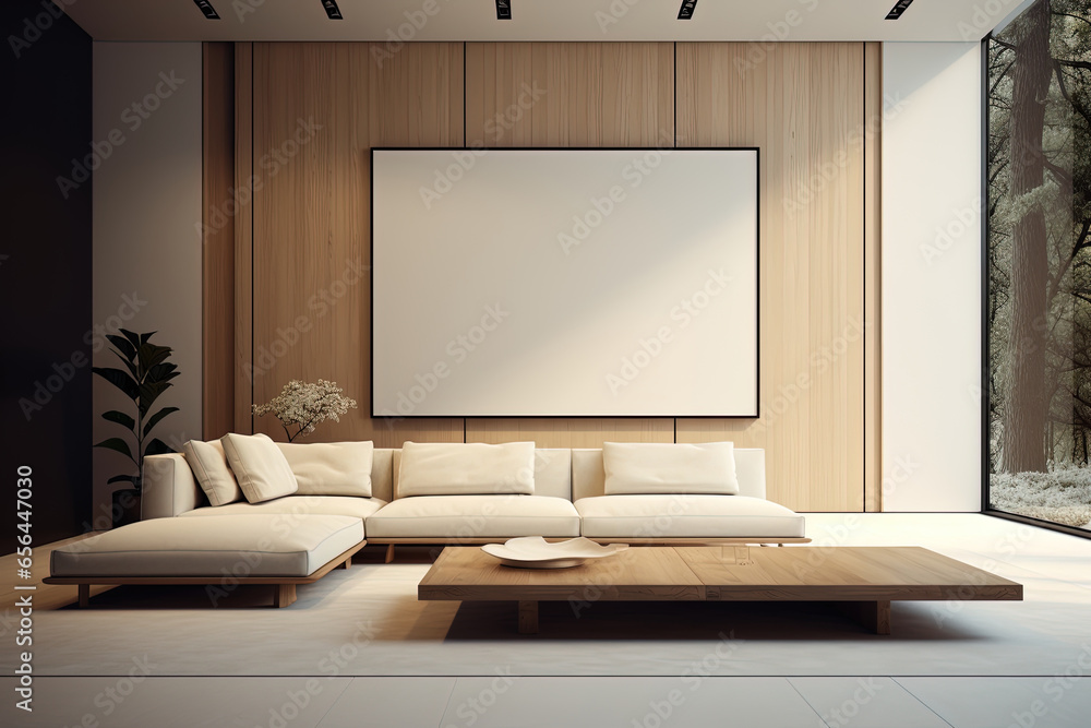 Interior of modern living room with wooden walls, tiled floor, white sofa standing near coffee table and vertical mock up poster Interior of modern living room with wooden walls, tiled floor, white sofa standing near coffee table and vertical mock up poster