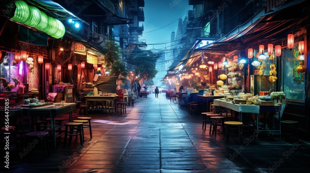 A bustling city street with outdoor cafes and seating A bustling city street with outdoor cafes and seating
