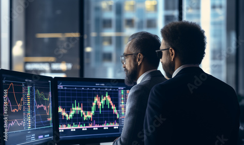 Two stock market traders in suits analyzing technical charts on screens photo