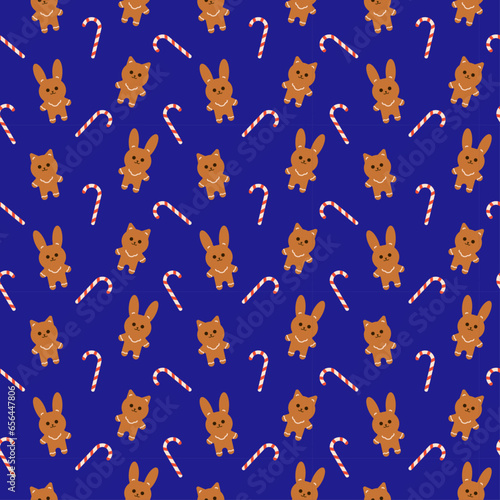 The Christmas Seamless Pattern with Bunnies and Kitties on the Blue Background