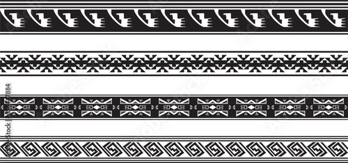 Vector set of seamless monochrome national native american ornaments. Endless ethnic black borders, frames of the peoples of America, Aztec, Maya, Incas. For sandblasting, plotter and laser cutting..